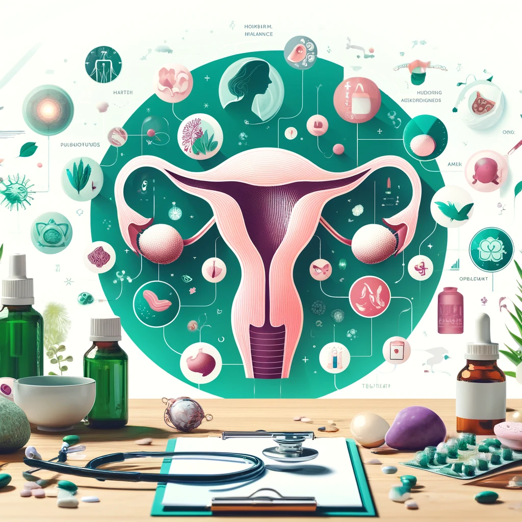 "Visual representation of Polycystic Ovary Syndrome (PCOS) with elements such as hormonal imbalances, ovaries, weight gain, acne, and hair growth, using shades of green, white, and purple to reflect the No Nonsense Naturopath color scheme. The image emphasizes health and wellness with modern graphics symbolising PCOS and its treatment.